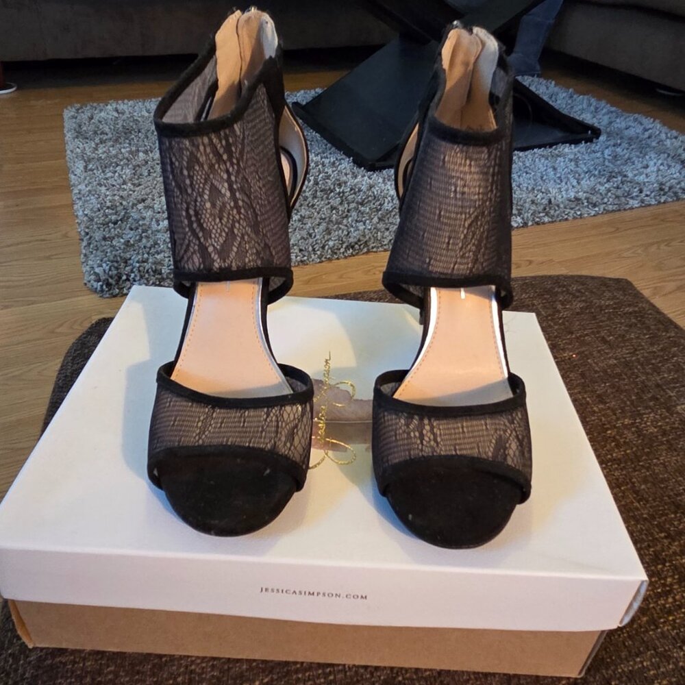 Jessica Simpson Black Lace Open-Toe Heels | Size 8.5 | Like New